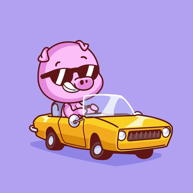 Vector cartoon cool pink pig driving car