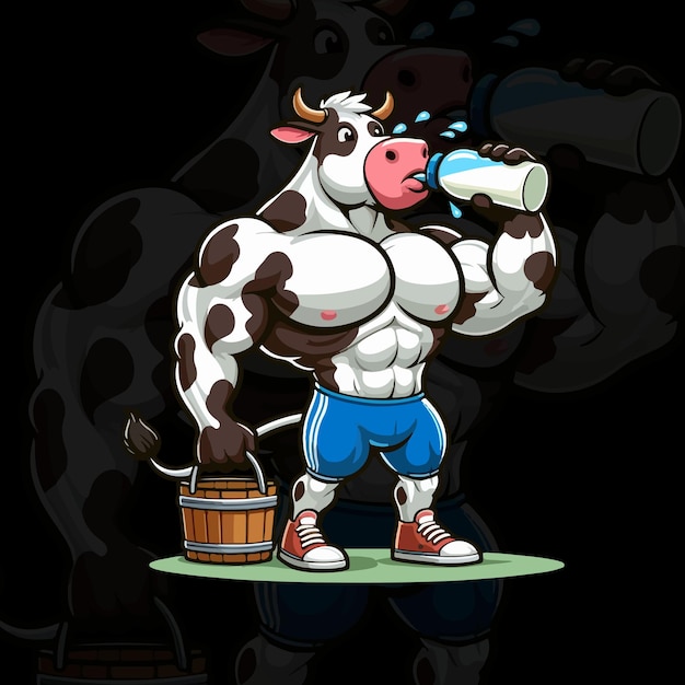 Vector cartoon cow gym bodybuilder cowboy illustration Generative Ai