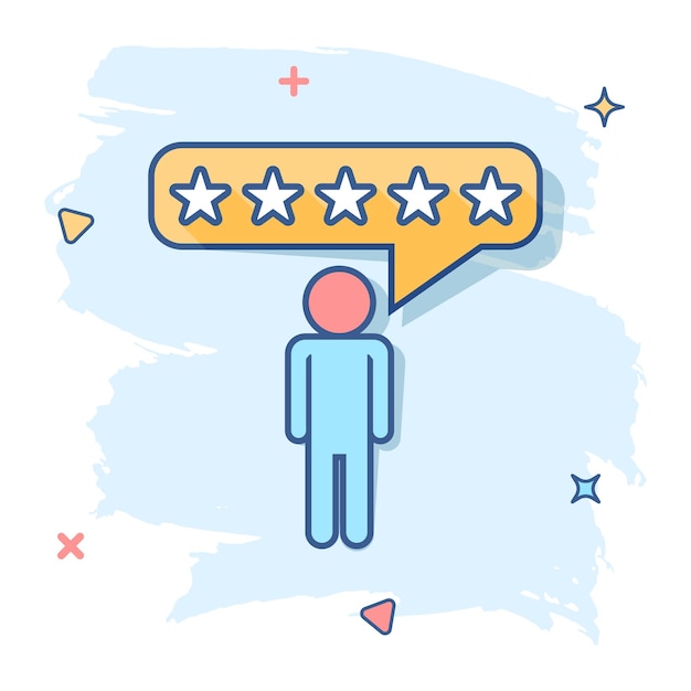 Vector cartoon customer reviews user feedback icon in comic style Rating sign illustration pictogram Stars rating business splash effect concept