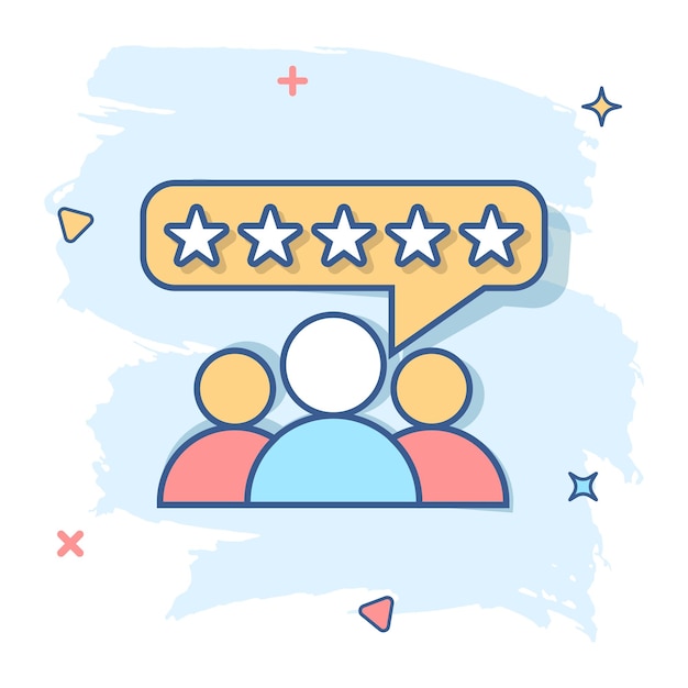 Vector cartoon customer reviews user feedback icon in comic style Rating sign illustration pictogram Stars rating business splash effect concept