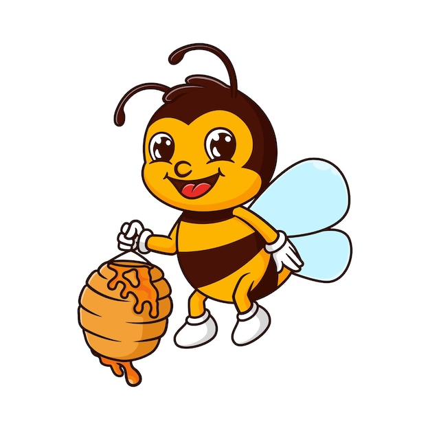 Vector vector cartoon of a cute bee carrying a hive full of honey