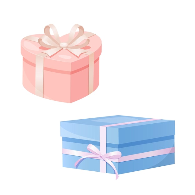 Vector cartoon cute gift boxes with ribbon bows isolated on a white background