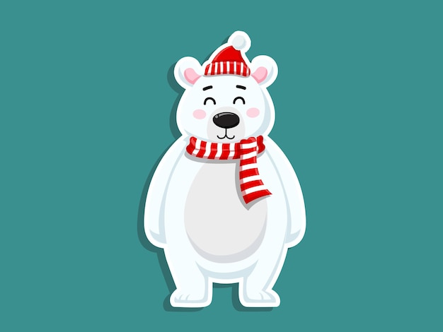 벡터 만화 귀여운 북극곰 스티커입니다. 즐거운 성탄절 보내시고 새해 복 많이 받으세요. 휴일에 장식 요소입니다. 인사말 카드 디자인, 포스터, 선물 태그 및 레이블.