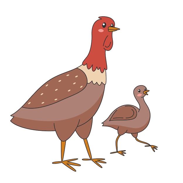 Vector cartoon cute turkey female and baby