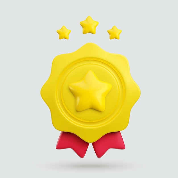 Vector cartoon d medal with star and red ribbons realistic icon trendy gold round wavy award