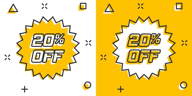 Vector cartoon discount sticker icon in comic style Sale tag illustration pictogram Promotion 20 percent discount splash effect concept