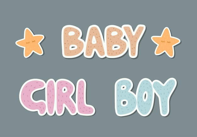 Vector cartoon doodle picture in scandinavian style Handwritten words girl boy baby Cute stickers with inscriptions