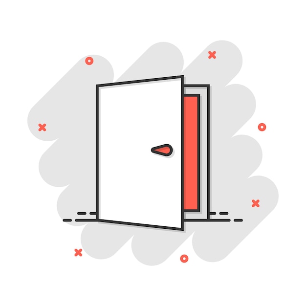 Иконка двери векторного мультфильма в комическом стиле Пиктограмма иллюстрации знака "Выход" Концепция эффекта всплеска бизнеса открытой двери