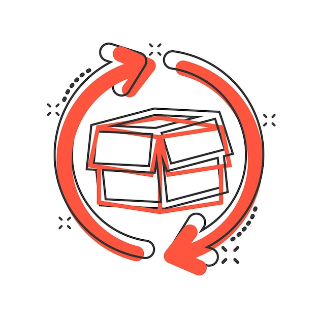 Vector cartoon doos pakket terugkeer pictogram in komische stijl Levering doos met pijl concept illustratie pictogram Cargo Shipping splash effect bedrijfsconcept