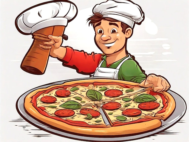 Vector Cartoon drawing of a pizza worker isolated