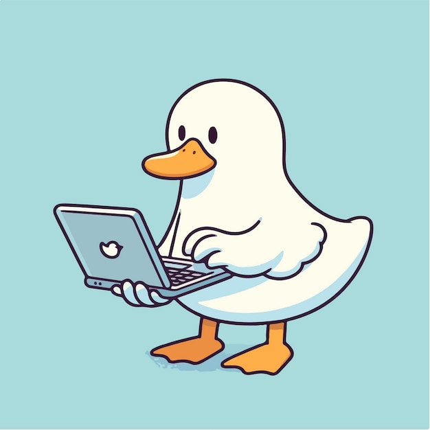 Vector cartoon duck playing laptop