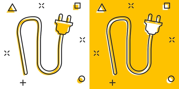 Icona del segno della spina elettrica del fumetto vettoriale in stile fumetto pittogramma dell'illustrazione del segno della spina di alimentazione concetto di effetto splash aziendale del cavo elettrico