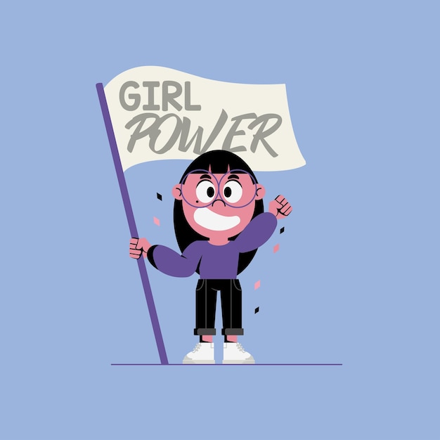 Vector vector cartoon of feminist girl with a flag