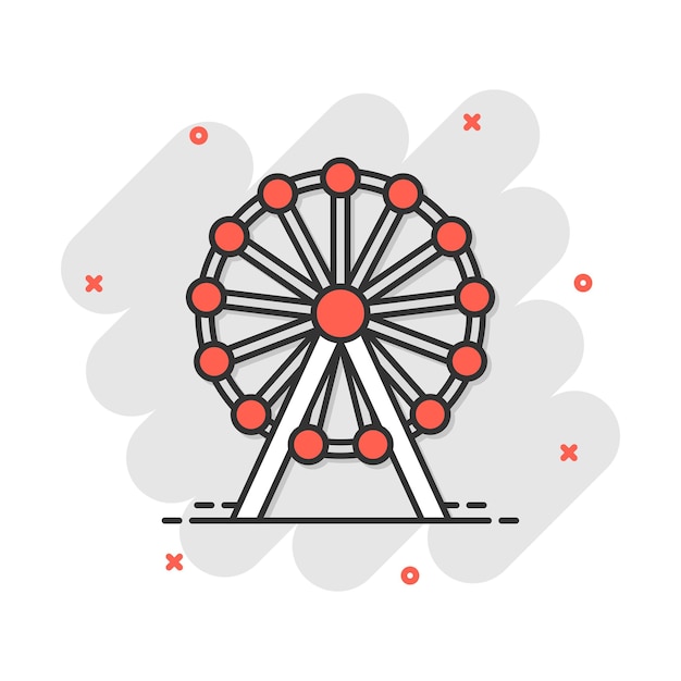Иконка колеса обозрения векторного мультфильма в комическом стиле Карусель в парке знак иллюстрации пиктограмма Концепция эффекта всплеска бизнес-аттракцион