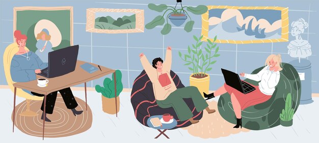 Vector vector cartoon flat characters at home party sitting in bean bags at cozy atmosphere.young people hang out,rejoice,enjoy,talking using laptops indoors-emotions and friendship social concept