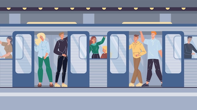 Vector vector cartoon flat characters in metro.various people get in subway car holding on to handrails-web online banner design,city life scene,social story concept