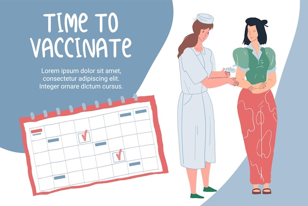ベクトル ベクトル漫画フラットドクターは予防接種スケジュールに従って患者のキャラクターにワクチン接種します-コロナウイルスcovid感染症の予防、治療と治療の医療概念、ウェブサイトのバナー広告デザイン