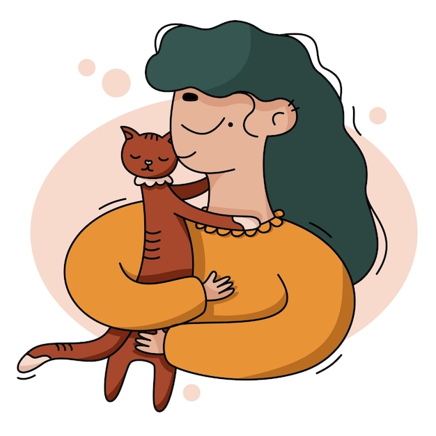 벡터 만화 평면 그림 고양이와 소녀 새끼 고양이를 껴안고있는 소녀