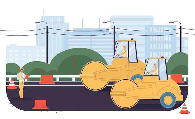 Vector cartoon flat industrial worker characters at road construction work.engineer workers repair,building new road,lay asphalt-transport engineering,urban planning,web online site banner ad concept