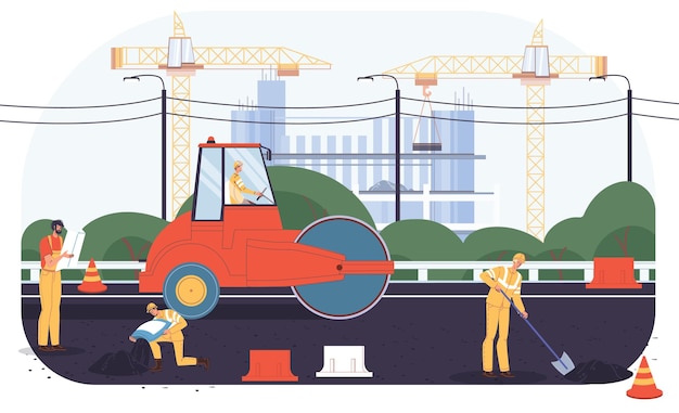 Personaggi di operaio industriale piatto del fumetto vettoriale al lavoro di costruzione di strade. riparazione degli operai di ingegnere, costruzione di nuova strada, ingegneria dei trasporti di asfalto, pianificazione urbana, concetto di banner di sito online di web