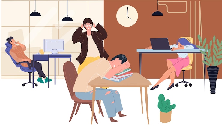 Vector vector cartoon flat tired characters who fell asleep at their workplaces in office-work stress problem,human physiology,principles of healthy sleep concept,web site banner ad design