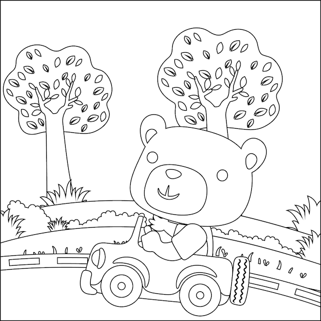 Векторная карикатура на смешного медведя за рулем автомобиля в книге-раскраске джунглей или на странице