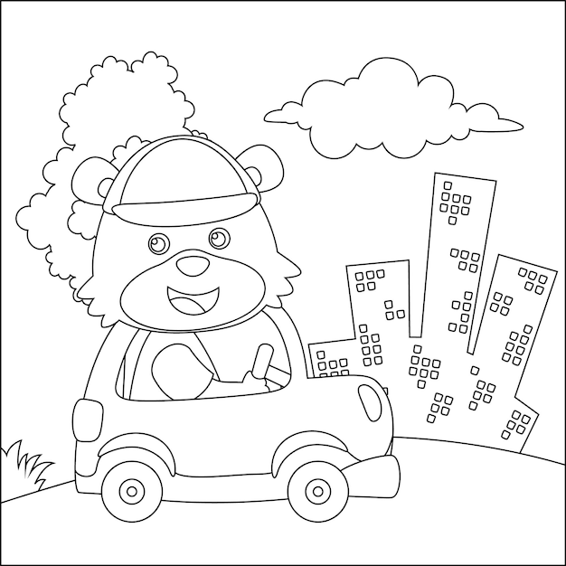 Vector cartoon of funny bear driving car in the road colouring book or page