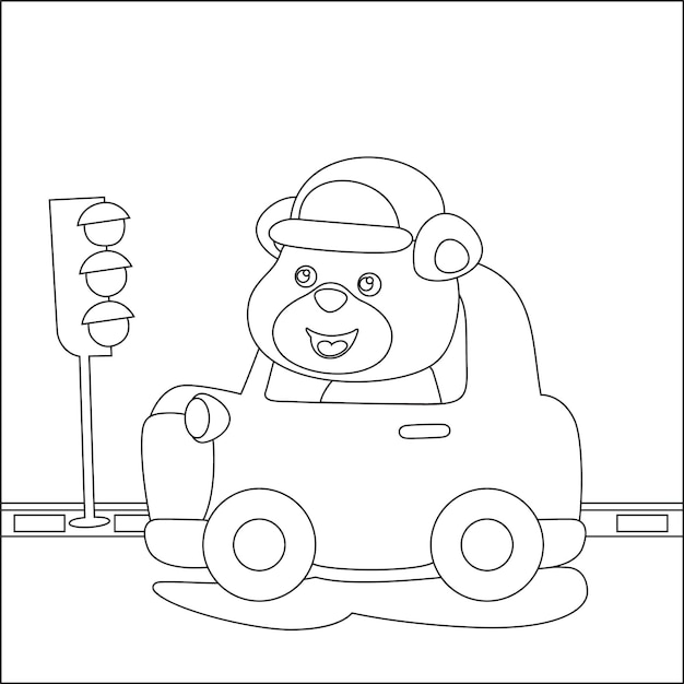Fumetto vettoriale di un orso divertente che guida un'auto in strada per un libro o una pagina da colorare per attività per bambini