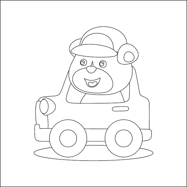 Vector cartoon of funny bear driving car in the road for kids activity colouring book or page