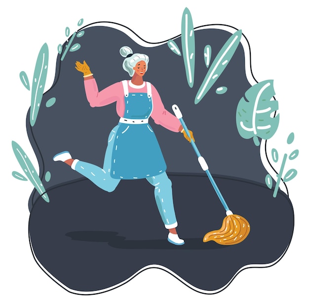 Vector cartoon funny illustration of Woman dancing with mopping for Floor