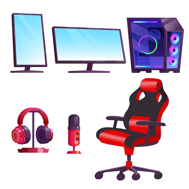 Premium Vector  Cartoon gaming accessories professional gamer gear and  equipment monitor headphone keyboard vr headset gaming peripherals vector  set