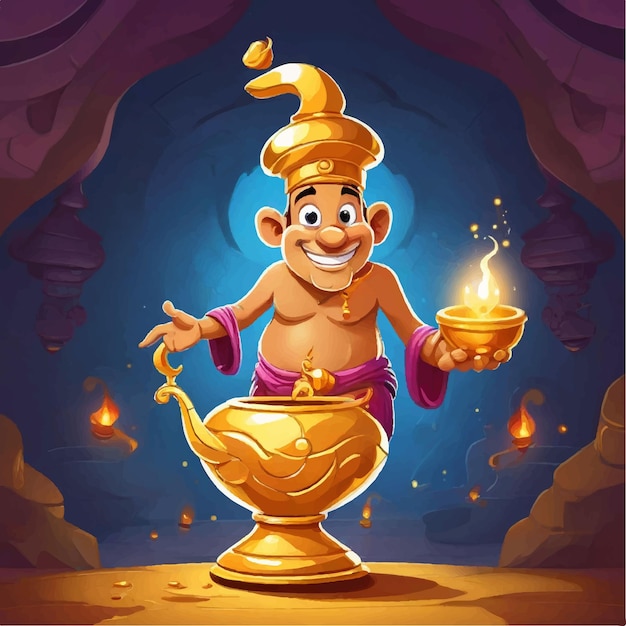 Vector Cartoon genie coming out of gold magic lamp illustration