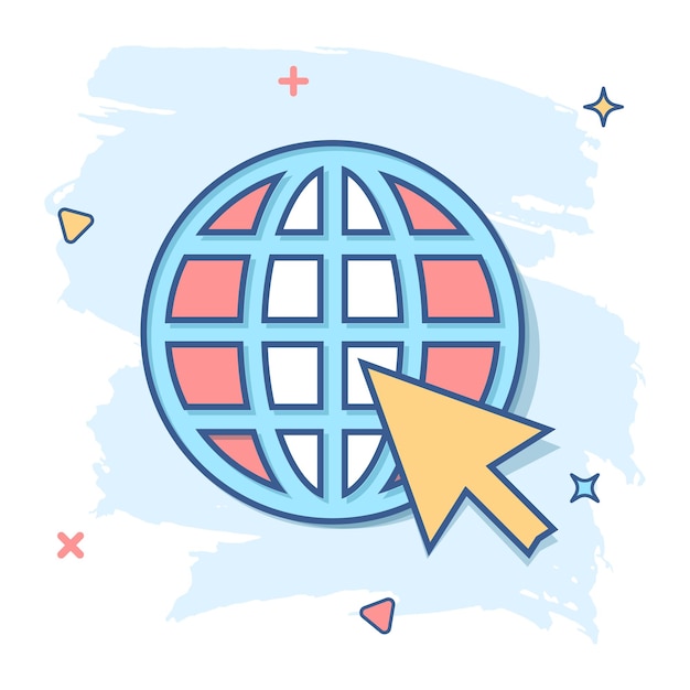 Vector cartoon go to web icon in comic style Globe world sign illustration pictogram WWW url business splash effect concept