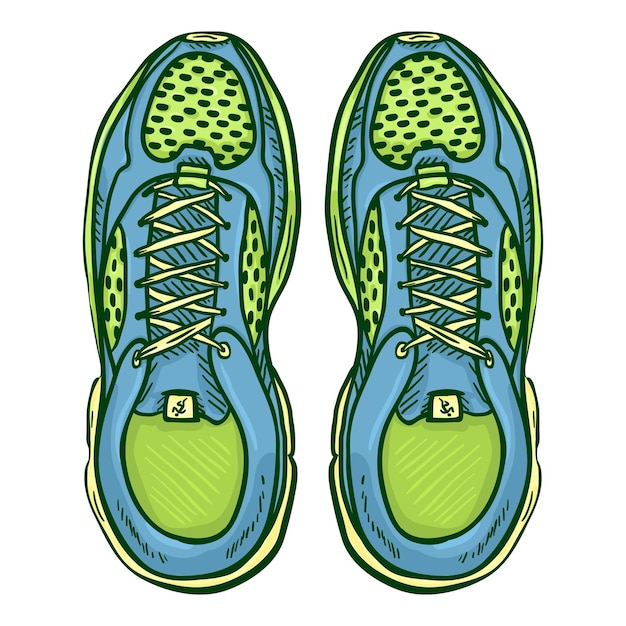 Vettore vector cartoon verde e blu scarpe da corsa vista dall'alto