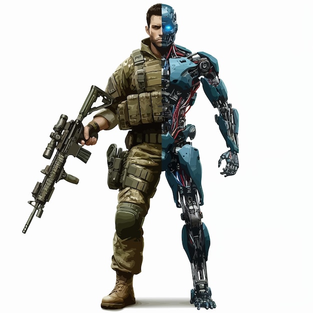 Vector cartoon of a half robot soldier