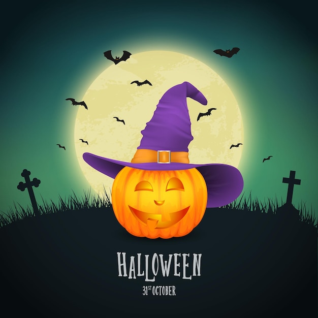 Vector Cartoon Halloween pompoen lantaarn met grappig gezicht en heks hoed op nacht gloeiende maan achtergrond vleermuizen begraafplaats ontwerpsjabloon van realistische pompoen herfstvakantie Halloween Concept