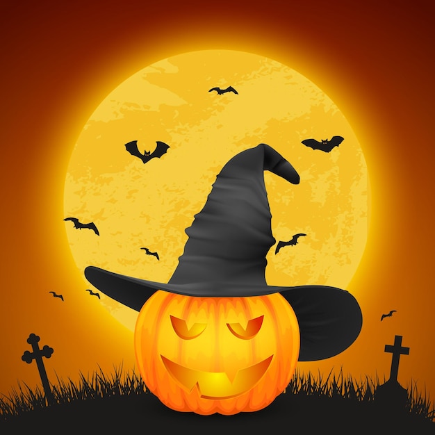 Vector Cartoon Halloween pompoen lantaarn met grappig gezicht en heks hoed op nacht gloeiende maan achtergrond vleermuizen begraafplaats ontwerpsjabloon van realistische pompoen herfstvakantie Halloween Concept