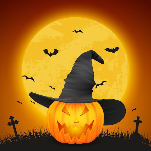 Vector Cartoon Halloween Pumkin Lantern with Funny Face and Witch Hat on Night Glowing Moon Background Bats Cemetery Design Template of Realistic Pumkin Autumn Holidays Halloween Concept