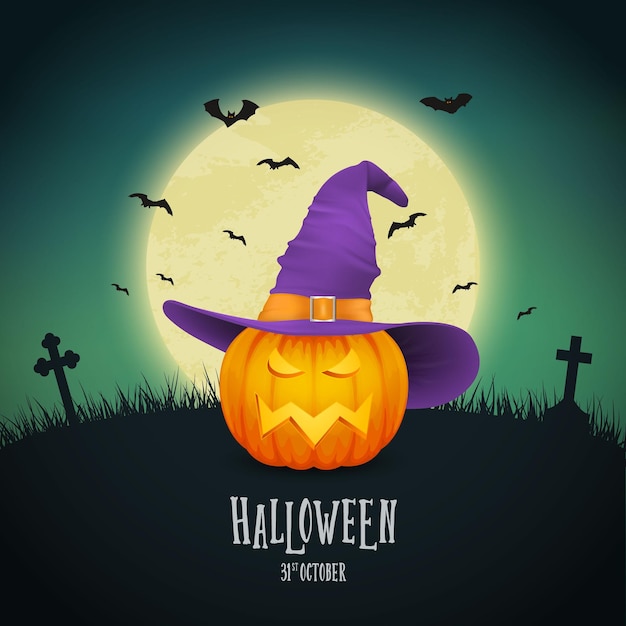 Vector vector cartoon halloween pumkin lantern with funny face and witch hat on night glowing moon background bats cemetery design template of realistic pumkin autumn holidays halloween concept