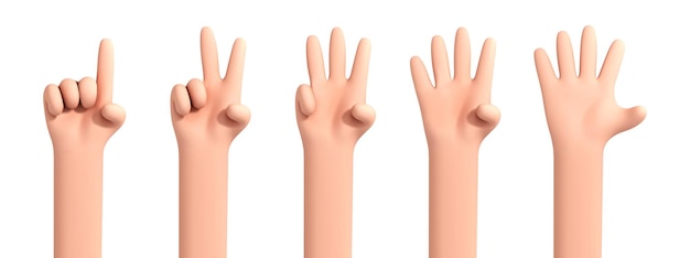 Vector cartoon hand counting from one to five isolated on white background. Set of palms with raised fingers.Cartoon set of counting hands. Hands gesture numbers.