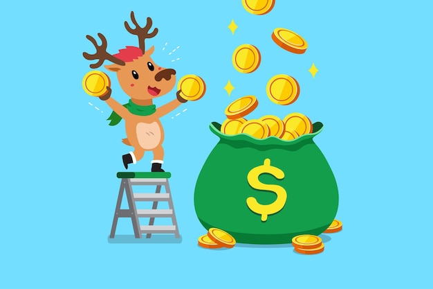 Vector cartoon happy christmas reindeer earning money