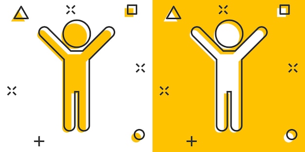 Vector vector cartoon happy man with hands up icon in comic style people happy sign illustration pictogram man business splash effect concept