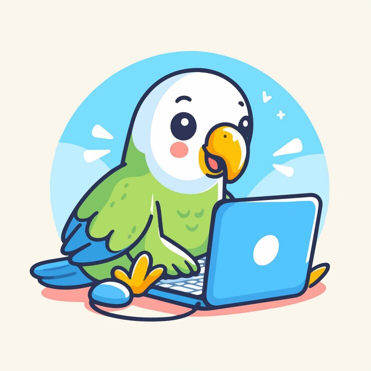 Vector vector cartoon happy parrot playing laptop