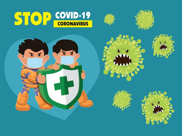 Personaggio dell'eroe del fumetto vettoriale che combatte con il virus covid19 illustrazione del romanzo di coronavirus