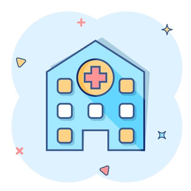 Vector cartoon hospital building icon in comic style infirmary medical clinic sign illustration pictogram health business splash effect concept