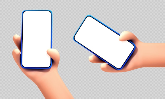 透明な背景に分離された白い空白の画面でスマートフォンを保持しているベクトル漫画人間の手。