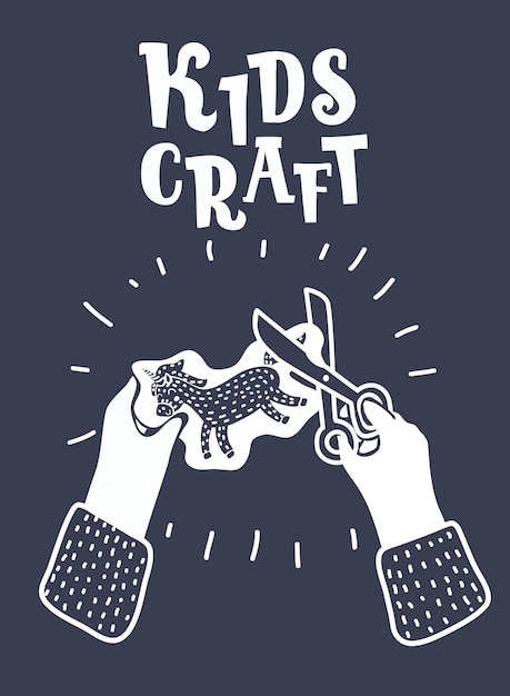 Vector cartoon illustrarion of Hands Doing Crafts Set on black and white Color. Scissor in kids hands. Modern graphic concept.+