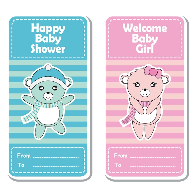Vector cartoon illustratie met schattige roze en blauwe babyberen op gestreepte achtergrond geschikt voor baby shower label ontwerp, banner set en uitnodigingskaart