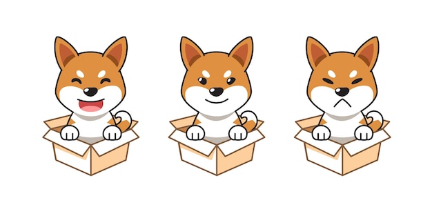Vector cartoon illustratie set shiba inu hond verschillende emoties tonen in kartonnen dozen
