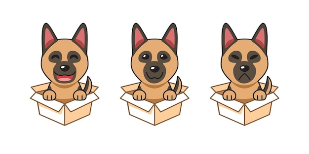 Vector cartoon illustratie set van Duitse herdershond met verschillende emoties in kartonnen dozen